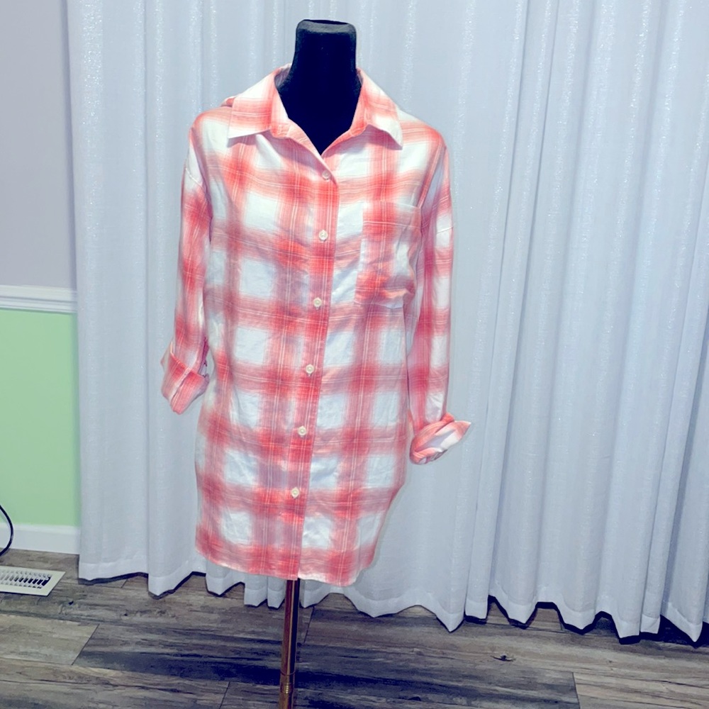 NWT Coralish “Coral and Cream Plaid Flannel Blouse”